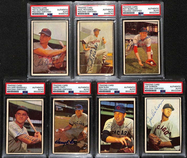 (7) 1953 Bowman Color Signed Cards - Ted Kluszewski, Paul Richards, Roy McMillan, Williard Marshall, Harry Chiti, Bob Rush, Joe Dobson (PSA/DNA Authenticated)