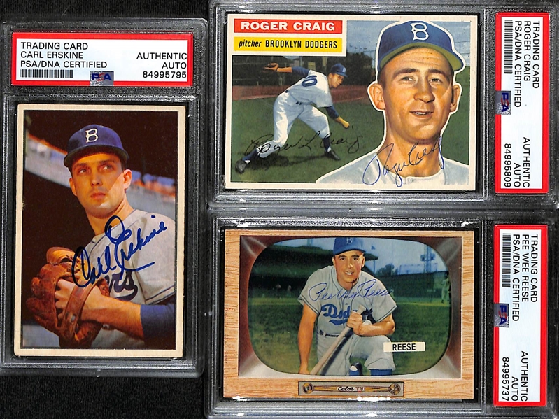 (3) Signed Cards - 1953 Bowman Carl Erskine, 1956 Roger Craig, 1955 Bowman Pee Wee Reese (All PSA/DNA Slabbed Authentic)