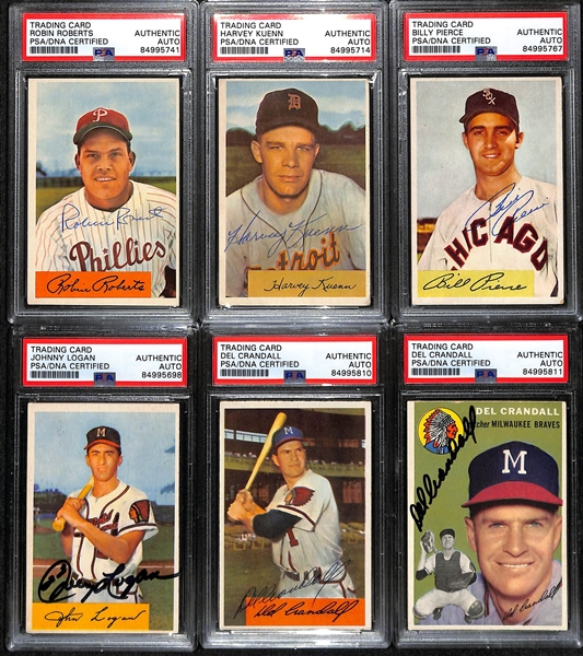 (6) 1954 Signed Cards - Inc. (5) Bowman (Robin Roberts, Harvey Kuenn, Billy Pierce, Johnny Logan, Del Crandall) & (1) Topps (Del Crandall) - PSA/DNA Authenticated