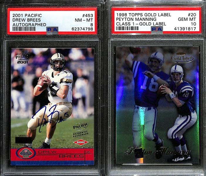 Lot of (2) PSA Graded Hall of Fame Quarterback Rookies- 2001 Pacific Drew Brees Autograph (PSA 8), 1998 Topps Gold Label Peyton Manning Class 1 (PSA 10)