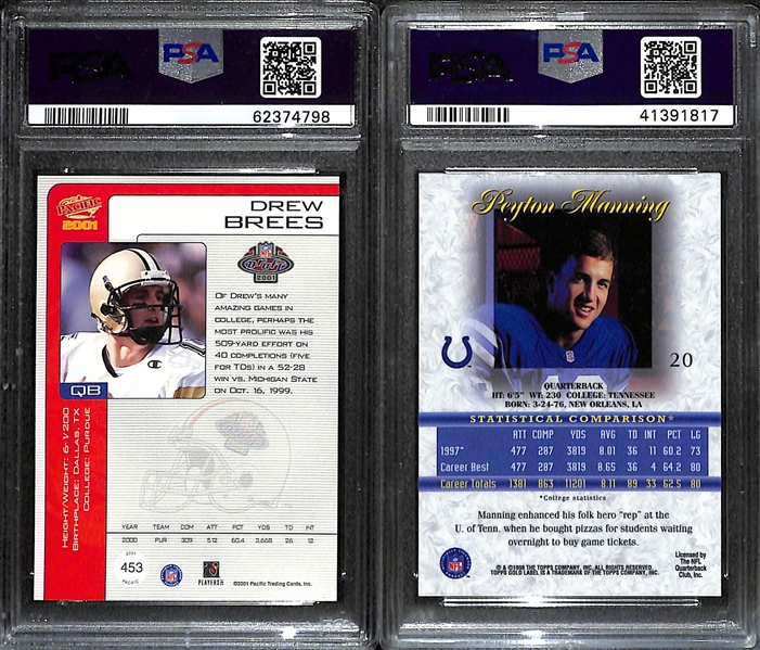 Lot of (2) PSA Graded Hall of Fame Quarterback Rookies- 2001 Pacific Drew Brees Autograph (PSA 8), 1998 Topps Gold Label Peyton Manning Class 1 (PSA 10)