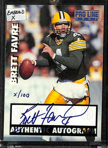 Lot of (7) Football and Baseball Hall of Fame Autograph Cards inc. 1997 Pro Line Brett Favre (#/100), 2000 SP Authentic Andruw Jones Buyback (#/531),+