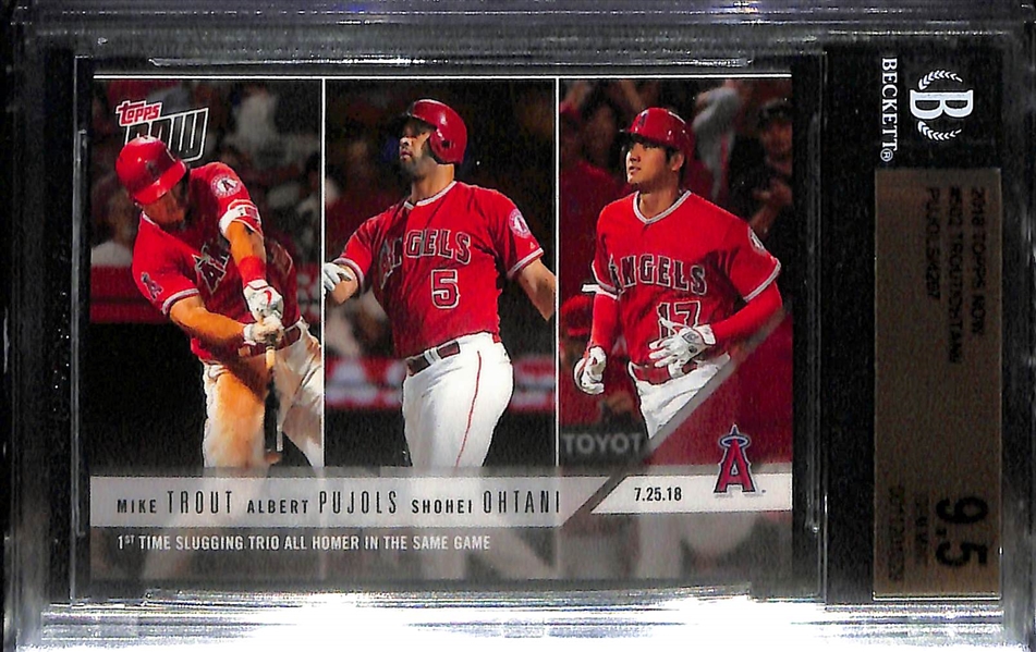 Lot of (3) Angels Cards- 2001 Fleer Triple Crown Albert Pujols Rookie (PSA 8). 2001 Bowman Albert Pujols Rookie (PSA 8), 2018 Topps Now Shohei Ohtani (Rookie) + Trout + Pujols (BGS 9.5)