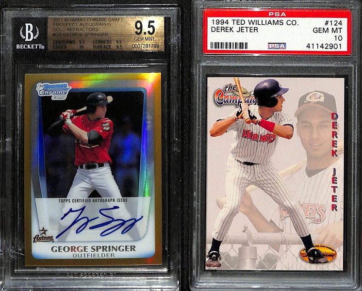 Lot of (2) Graded Baseball Rookie Cards- 2011 Bowman Chrome Draft George Springer Autograph Gold Refractor (BGS 9.5) (#/50), 1994 Ted Williams Collection Derek Jeter (PSA 10)