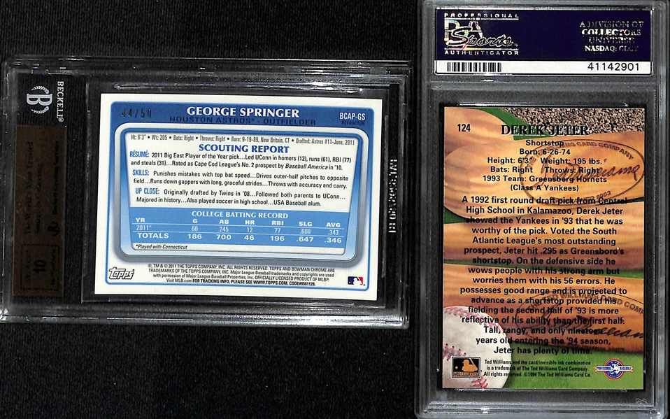 Lot of (2) Graded Baseball Rookie Cards- 2011 Bowman Chrome Draft George Springer Autograph Gold Refractor (BGS 9.5) (#/50), 1994 Ted Williams Collection Derek Jeter (PSA 10)