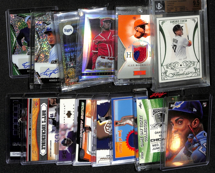 Lot of (14) Baseball and Football Cards inc. 2014 National Treasures Flawless Giancarlo Stanton Emerald (BGS 9.5) (#/5), 2004 SP Game Used Alex Rodriguez Patch (#/3), +