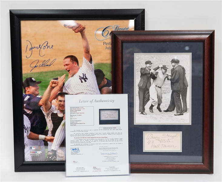 Framed Yankees Autograph Lot - Casey Stengel Cut w. Photo (JSA Letter) & David Cone & Joe Girardi Dual Signed 16x20 (JSA COA)