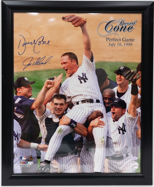 Framed Yankees Autograph Lot - Casey Stengel Cut w. Photo (JSA Letter) & David Cone & Joe Girardi Dual Signed 16x20 (JSA COA)