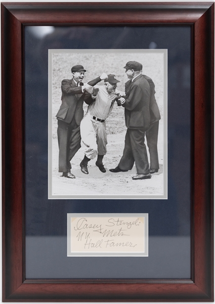 Framed Yankees Autograph Lot - Casey Stengel Cut w. Photo (JSA Letter) & David Cone & Joe Girardi Dual Signed 16x20 (JSA COA)