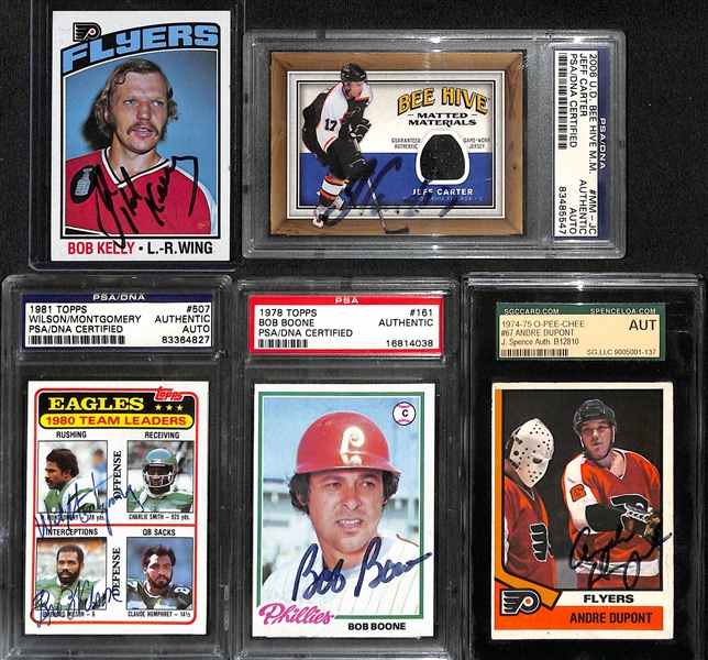 Lot of (15) Signed Cards (Philadelphia Teams) w. Roberts, Van Impe, Bob Kelly, D. Green, C. Manuel, Jeff Carter, Montgomery, Boone, + (JSA Auction Letter)