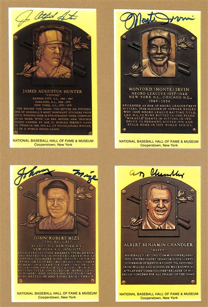 (5) Signed HOF Plaques & (1) Perez-Steele (Catfish Hunter, Monte Irvin, Johnny Mize, AB Chandler, Cool Papa Bell, Warren Spahn) & (6) Signed Newspaper Clippings (w. Dr. J, Elgin Baylor) - JSA...