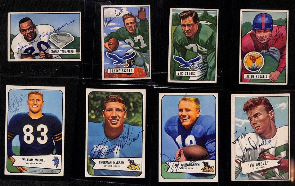 (16) Signed 1950s Bowman Football Cards w. Taliaferro, C. Scott, Sears, Sprinkle, DeRogatis, McColl, McGraw, Christiansen, Dooley, Justice, Ecklund, Finks, Hunter, Fischer, McLaughlin, Canadeo (JSA...