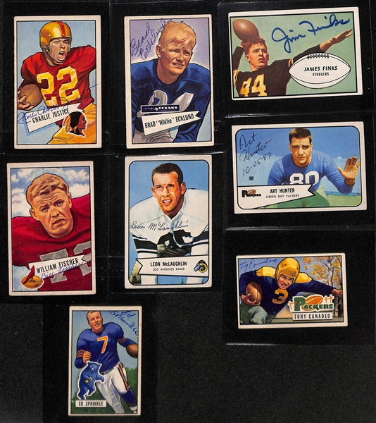 (16) Signed 1950s Bowman Football Cards w. Taliaferro, C. Scott, Sears, Sprinkle, DeRogatis, McColl, McGraw, Christiansen, Dooley, Justice, Ecklund, Finks, Hunter, Fischer, McLaughlin, Canadeo (JSA...