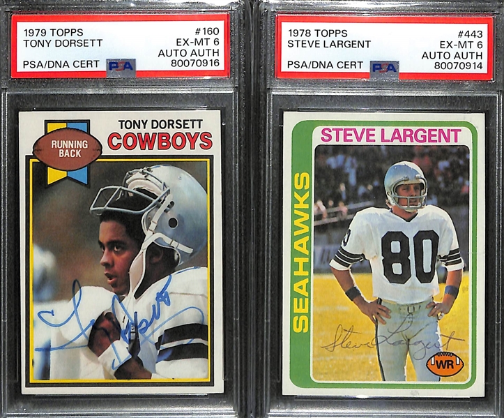 Autographed Topps Football Cards - 1979 Topps Tony Dorsett (Card Grade 6), 1978 Steve Largent (PSA Card Grade 6)