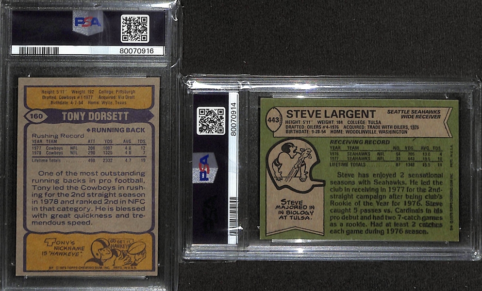 Autographed Topps Football Cards - 1979 Topps Tony Dorsett (Card Grade 6), 1978 Steve Largent (PSA Card Grade 6)