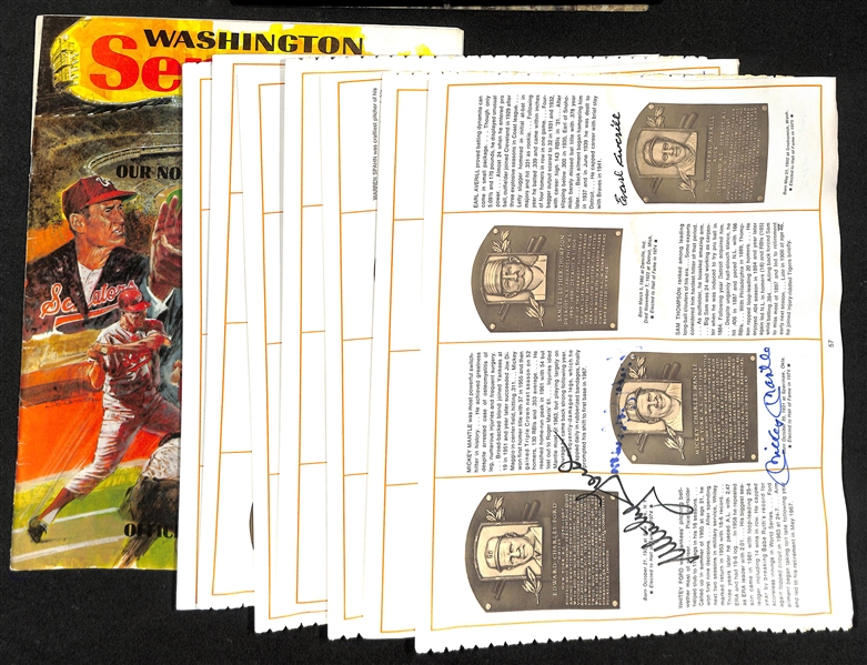 (7) HOF Book Pages with (12) HOFer Autographs (Mantle, Ford, Conlan, +) and a 1970 Washington  Sentators SIgned Scorecard (16 Autos) - JSA Auction Letter.