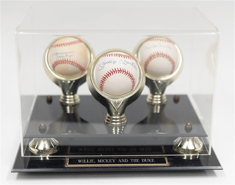 Signed Baseball Display - Willie, Mickey & The Duke Signed by Mays, Mantle & Snider  (JSA Auction Letter)