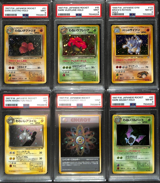 Lot of (6) 1997 and 1998 Japanese Pokemon PSA Graded Holo Cards w/ Dark Dugtrio (PSA 9), Dark Vileplume (PSA 9), Brock's Rhydon (PSA 8), +