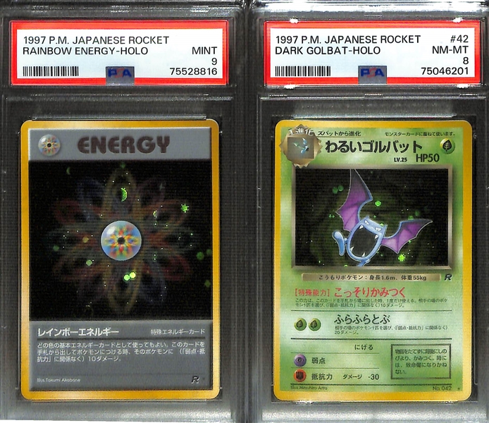 Lot of (6) 1997 and 1998 Japanese Pokemon PSA Graded Holo Cards w/ Dark Dugtrio (PSA 9), Dark Vileplume (PSA 9), Brock's Rhydon (PSA 8), +