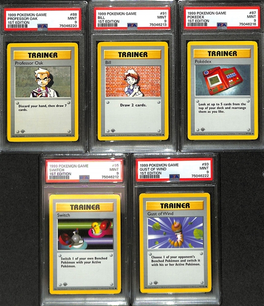 Lot of (5) 1999 Pokemon Base Set PSA Graded Mint 9 Shadowless Trainer Cards inc. Professor Oak, Bill, Pokedex, Switch, Gust of Wind