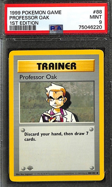 Lot of (5) 1999 Pokemon Base Set PSA Graded Mint 9 Shadowless Trainer Cards inc. Professor Oak, Bill, Pokedex, Switch, Gust of Wind