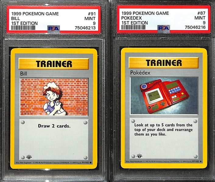 Lot of (5) 1999 Pokemon Base Set PSA Graded Mint 9 Shadowless Trainer Cards inc. Professor Oak, Bill, Pokedex, Switch, Gust of Wind