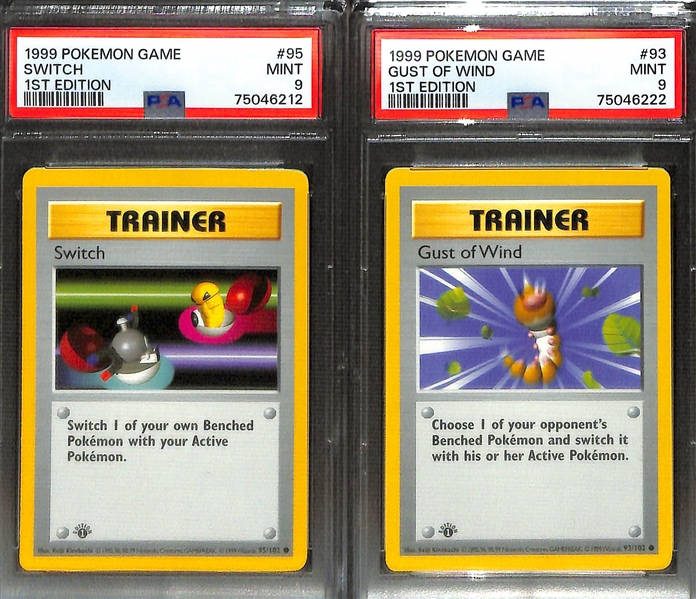 Lot of (5) 1999 Pokemon Base Set PSA Graded Mint 9 Shadowless Trainer Cards inc. Professor Oak, Bill, Pokedex, Switch, Gust of Wind