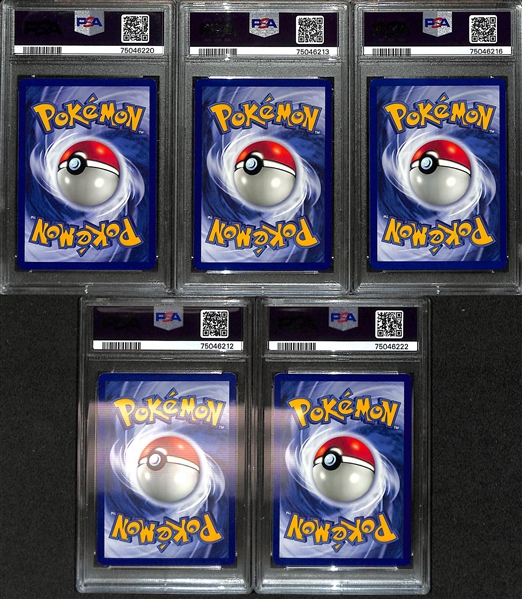 Lot of (5) 1999 Pokemon Base Set PSA Graded Mint 9 Shadowless Trainer Cards inc. Professor Oak, Bill, Pokedex, Switch, Gust of Wind