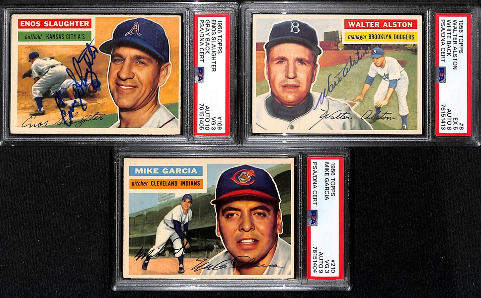 (3) PSA/DNA Signed/Graded 1956 Topps Cards - Enos Slaughter (Card Grade 3, Auto Grade 10), Walt Alston (Card Grade 5, Auto Grade 8), Mike Garcia (Card Grade 3, Auto Grade 9)