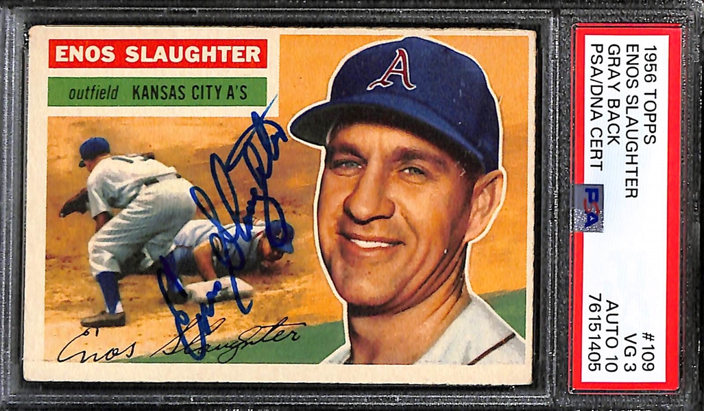 (3) PSA/DNA Signed/Graded 1956 Topps Cards - Enos Slaughter (Card Grade 3, Auto Grade 10), Walt Alston (Card Grade 5, Auto Grade 8), Mike Garcia (Card Grade 3, Auto Grade 9)