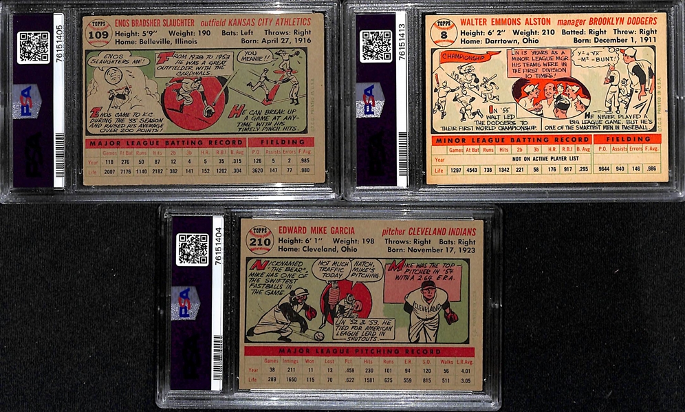 (3) PSA/DNA Signed/Graded 1956 Topps Cards - Enos Slaughter (Card Grade 3, Auto Grade 10), Walt Alston (Card Grade 5, Auto Grade 8), Mike Garcia (Card Grade 3, Auto Grade 9)