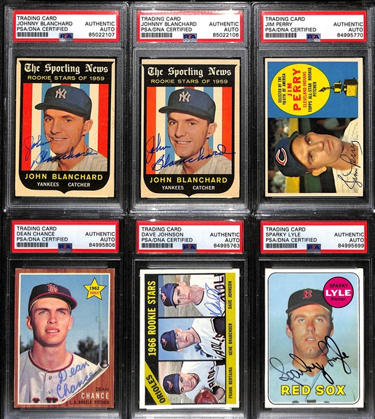 (6) Signed Rookie Cards (PSA/DNA) - (2) 1959 Johnny Blanchard, 1960 Jim Perry, 1962 Dean Chance, 1966 Dave Johnson & 1960 Sparky Lyle (All Graded PSA/DNA Authentic)