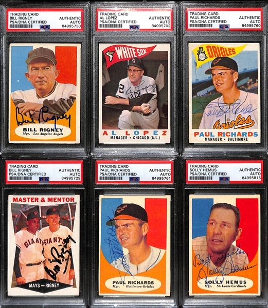 (6) Signed 1960-1961 Topps Manager Cards - (3) 1960 (Bill Rigney, Al Lopez, Paul Richards) & (3) 1961 (Bill Rigney, Solly Hemus, and Paul Richards) - All Graded PSA/DNA Authentic