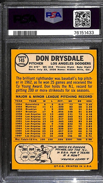 1968 Topps Don Drysdale #145 Graded PSA 8 (Auto Grade 9)