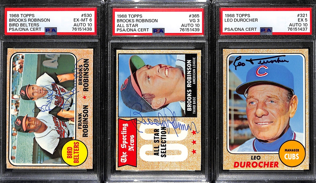 (3) Signed 1968 Topps Cards - Brooks Robinson #530 (PSA 6 w. 10 Auto Grade), Brooks Robinson All-Star #365 (PSA 3 w. 10 Auto), Leo Durocher #321 (PSA 5 w. 10 Auto)