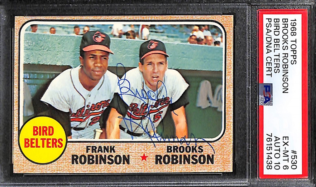 (3) Signed 1968 Topps Cards - Brooks Robinson #530 (PSA 6 w. 10 Auto Grade), Brooks Robinson All-Star #365 (PSA 3 w. 10 Auto), Leo Durocher #321 (PSA 5 w. 10 Auto)