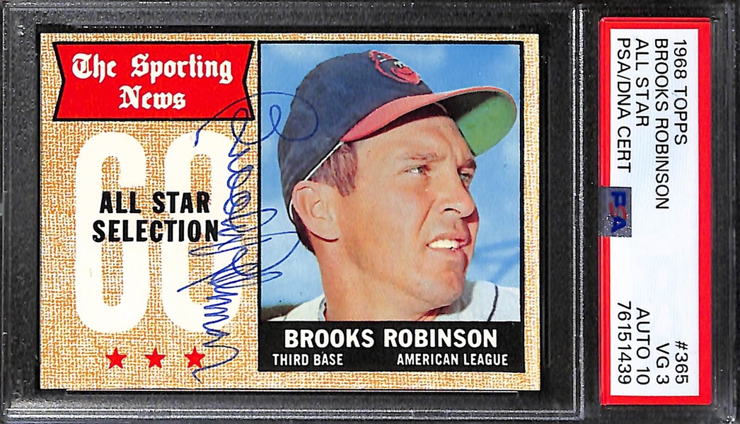 (3) Signed 1968 Topps Cards - Brooks Robinson #530 (PSA 6 w. 10 Auto Grade), Brooks Robinson All-Star #365 (PSA 3 w. 10 Auto), Leo Durocher #321 (PSA 5 w. 10 Auto)