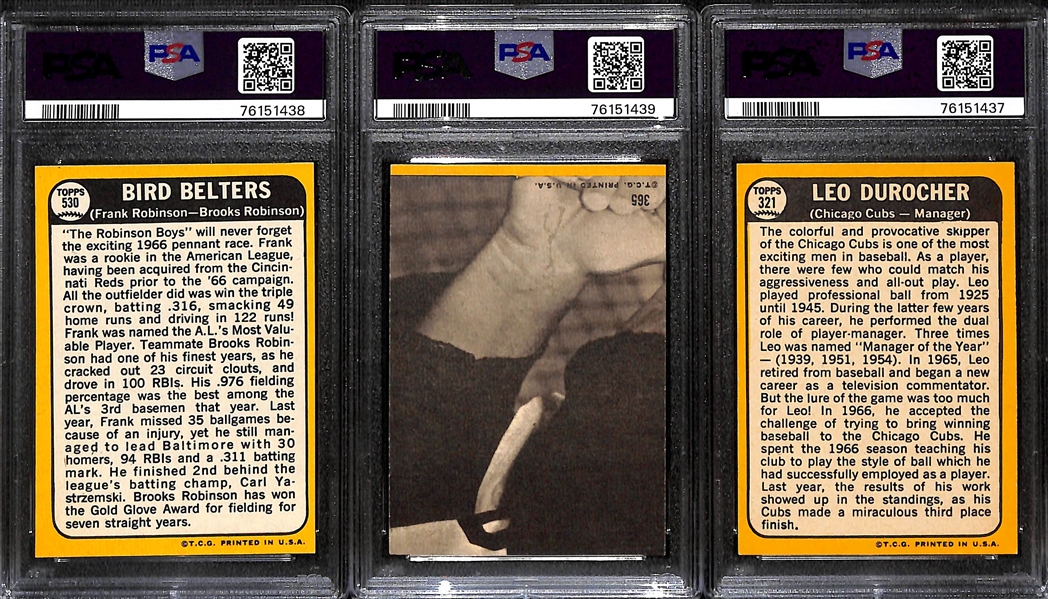 (3) Signed 1968 Topps Cards - Brooks Robinson #530 (PSA 6 w. 10 Auto Grade), Brooks Robinson All-Star #365 (PSA 3 w. 10 Auto), Leo Durocher #321 (PSA 5 w. 10 Auto)