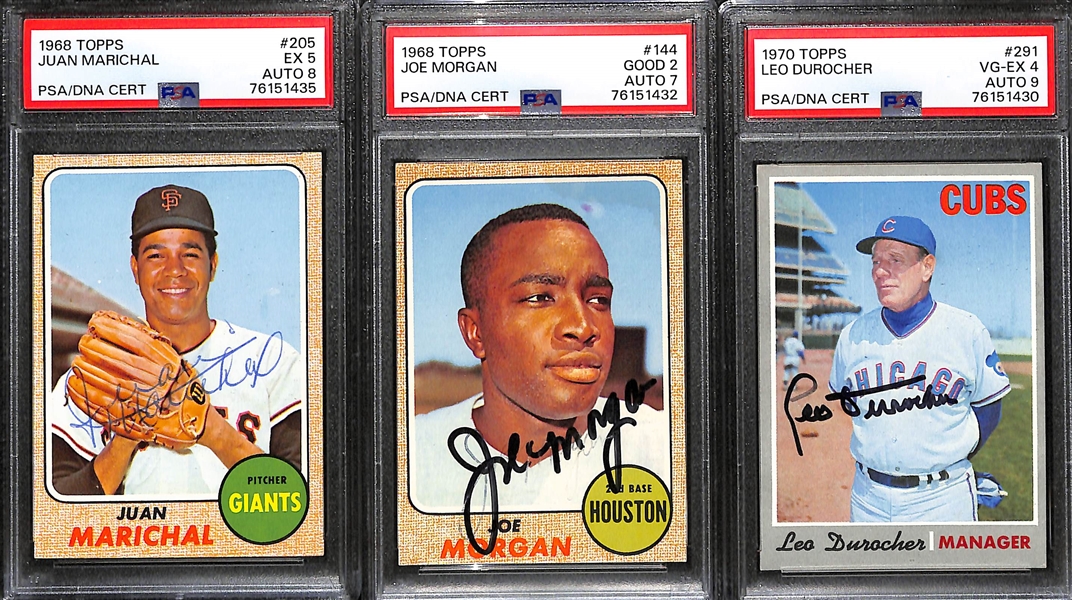 (3) Signed Topps Cards - 1968 Juan Marichal (PSA 5 w. 8 Auto Grade), 1968 Topps Joe Morgan (PSA 2 w. 7 Auto Grade), 1970 Leo Durocher (PSA 4 w. 9 Auto Grade)