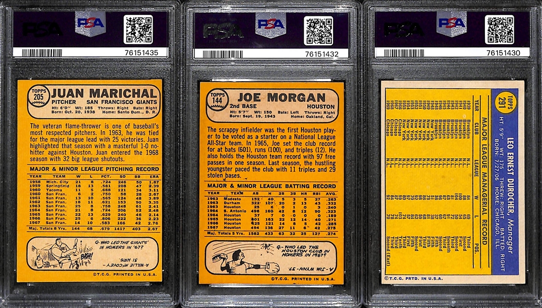 (3) Signed Topps Cards - 1968 Juan Marichal (PSA 5 w. 8 Auto Grade), 1968 Topps Joe Morgan (PSA 2 w. 7 Auto Grade), 1970 Leo Durocher (PSA 4 w. 9 Auto Grade)