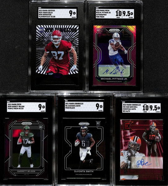 Lot of (5) SGC Graded Football Skill Position Rookie Cards inc. 2013 Certified Travis Kelce Platinum Blue (SGC 9) (#/100), 2020 Prizm Michael Pittman Jr Autograph Pink (SGC 9.5), +