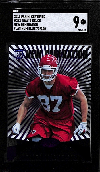 Lot of (5) SGC Graded Football Skill Position Rookie Cards inc. 2013 Certified Travis Kelce Platinum Blue (SGC 9) (#/100), 2020 Prizm Michael Pittman Jr Autograph Pink (SGC 9.5), +