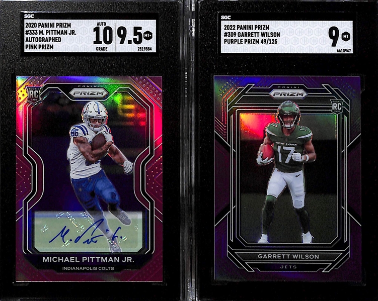 Lot of (5) SGC Graded Football Skill Position Rookie Cards inc. 2013 Certified Travis Kelce Platinum Blue (SGC 9) (#/100), 2020 Prizm Michael Pittman Jr Autograph Pink (SGC 9.5), +