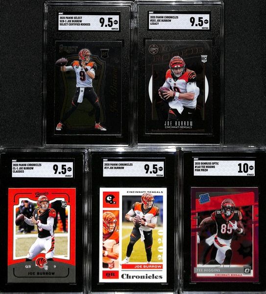 Lot of (5) SGC Graded Bengals Rookie Cards inc (4) Joe Burrows- Select (SGC 9.5), Chronicles Legacy (SGC 9.5), Chronicles Classics (SGC 9.5), +