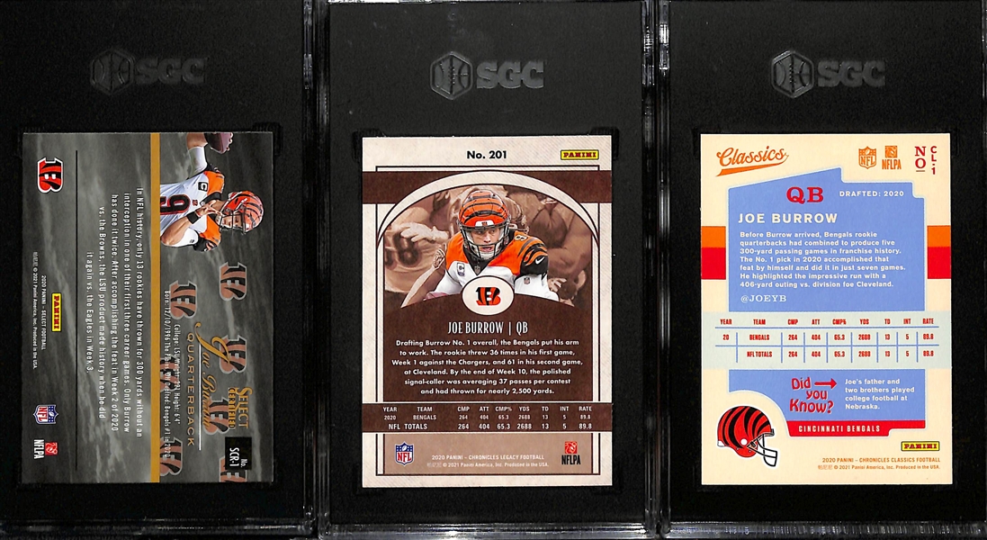 Lot of (5) SGC Graded Bengals Rookie Cards inc (4) Joe Burrows- Select (SGC 9.5), Chronicles Legacy (SGC 9.5), Chronicles Classics (SGC 9.5), +