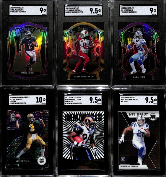 Lot of (6) SGC Graded Football Cards inc 2020 Select Jalen Hurts Rookie Purple Die Cut (SGC 9), 2020 Select Larry Fitzgerald Gold Die Cut (SGC 9.5) (#/10), +