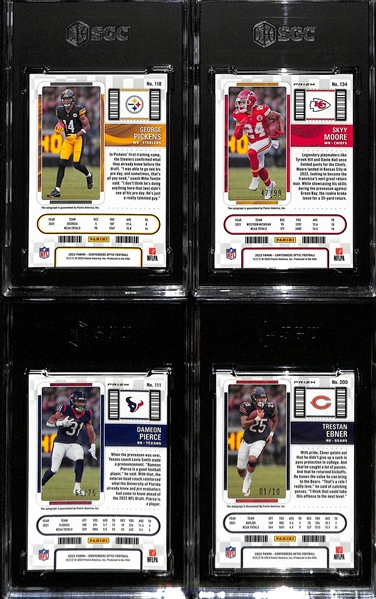 Lot of (4) SGC Graded 2022 Contenders Optic Football Rookie Autograph Cards inc. George Pickens (SGC 9.5), Skyy Moore Blue (SGC 9) (#/99), Dameon Pierce Blue (SGC 10) (#/75), +