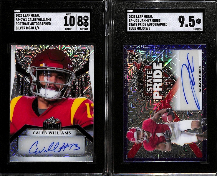 Lot of (2) SGC Graded 2023 Leaf Metal Rookie Autograph Cards inc. Caleb Williams (SGC 8) (#/4) and Jahmyr Gibbs (SGC 9.5) (#/5)