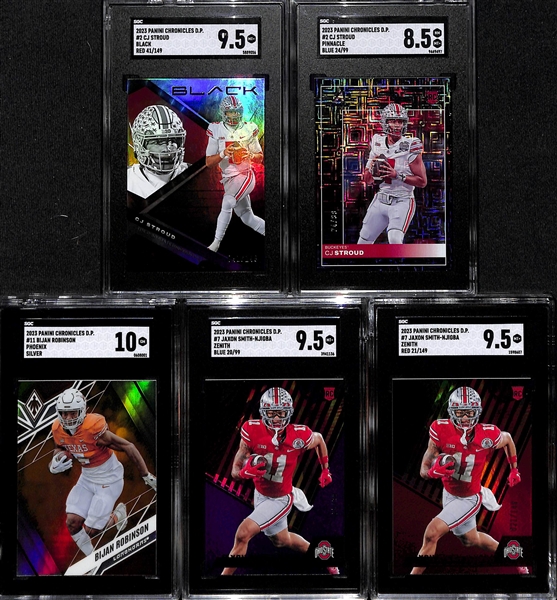 Lot of (5) SGC Graded 2023 Chronicles Draft Picks Rookie Parallel Cards inc. Black CJ Stroud Red (SGC 9.5) (#/149), Pinnacle CJ Stroud Blue (SGC 8.5) (#/99),+