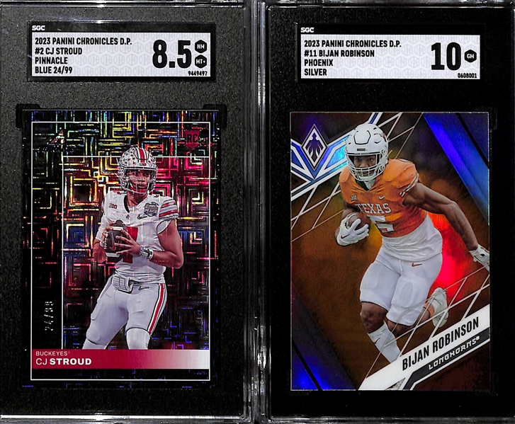 Lot of (5) SGC Graded 2023 Chronicles Draft Picks Rookie Parallel Cards inc. Black CJ Stroud Red (SGC 9.5) (#/149), Pinnacle CJ Stroud Blue (SGC 8.5) (#/99),+